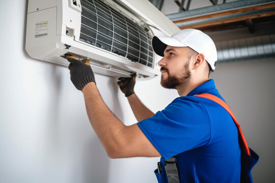 HVAC technician installing a mini split air conditioner in Erie