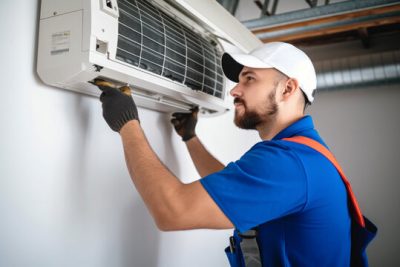 360_F_621046421_Vcay4nYa8ozdeodOQVDfES6MRrC6N3b8 Air conditioning technician servicing a wall-mounted AC unit in Erie, CO